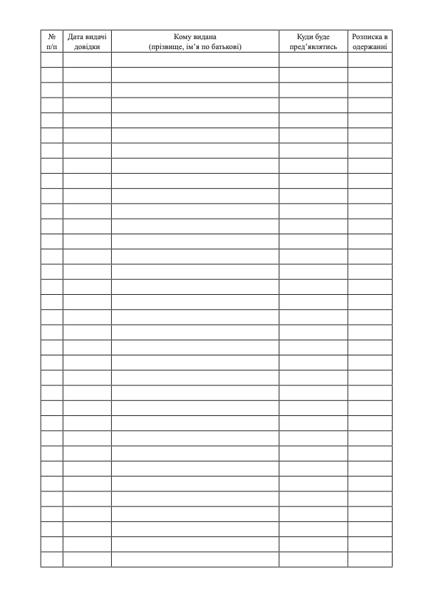 Книга обліку довідок про безпосередню участь особи у заходах, необхідних для забезпечення оборони України, захисту безпеки населення та інтересів держави у звʼязку з військовою агресією Російської Федерації проти України