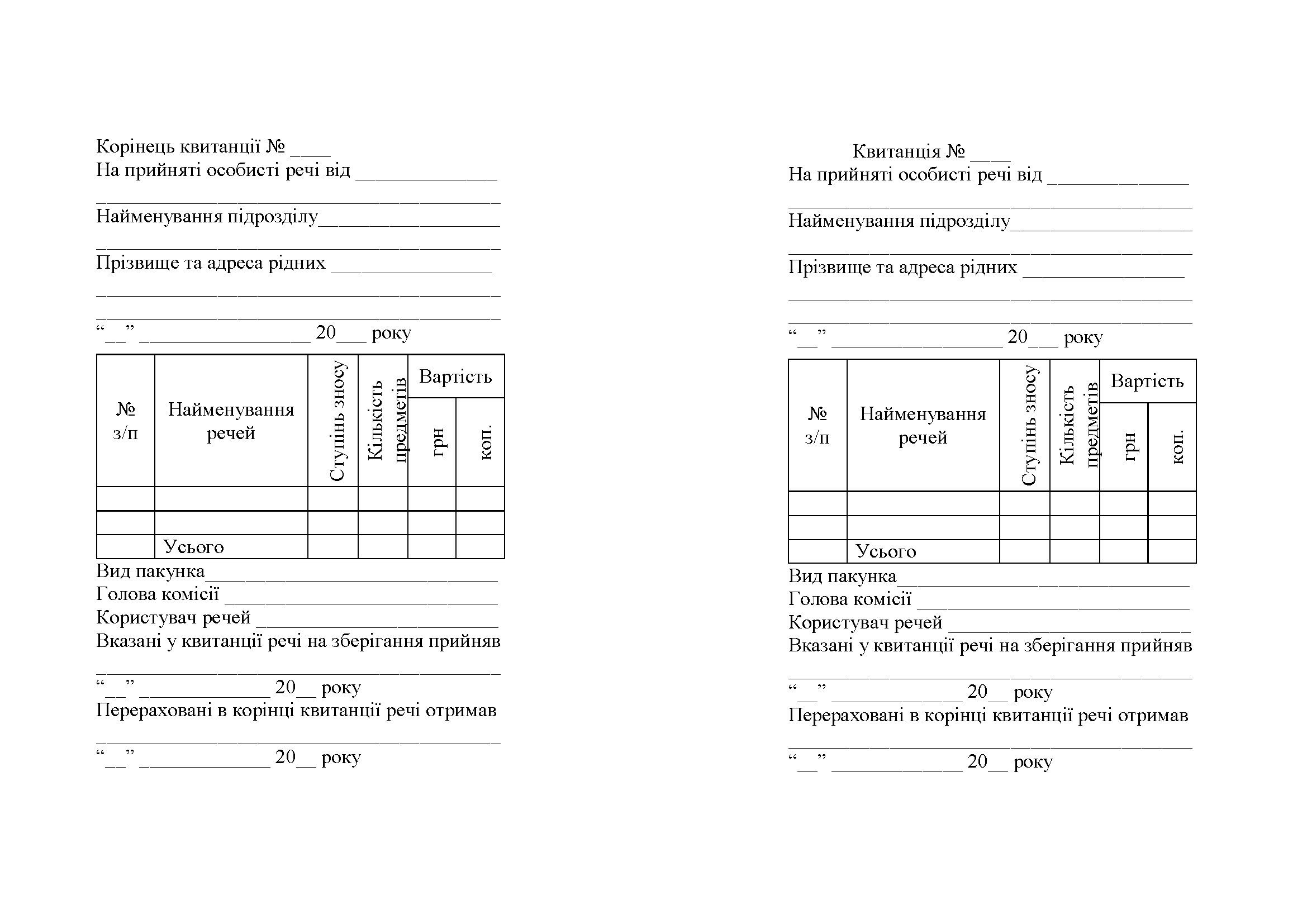 Книга квитанцій на прийняті особисті речі, додаток 98