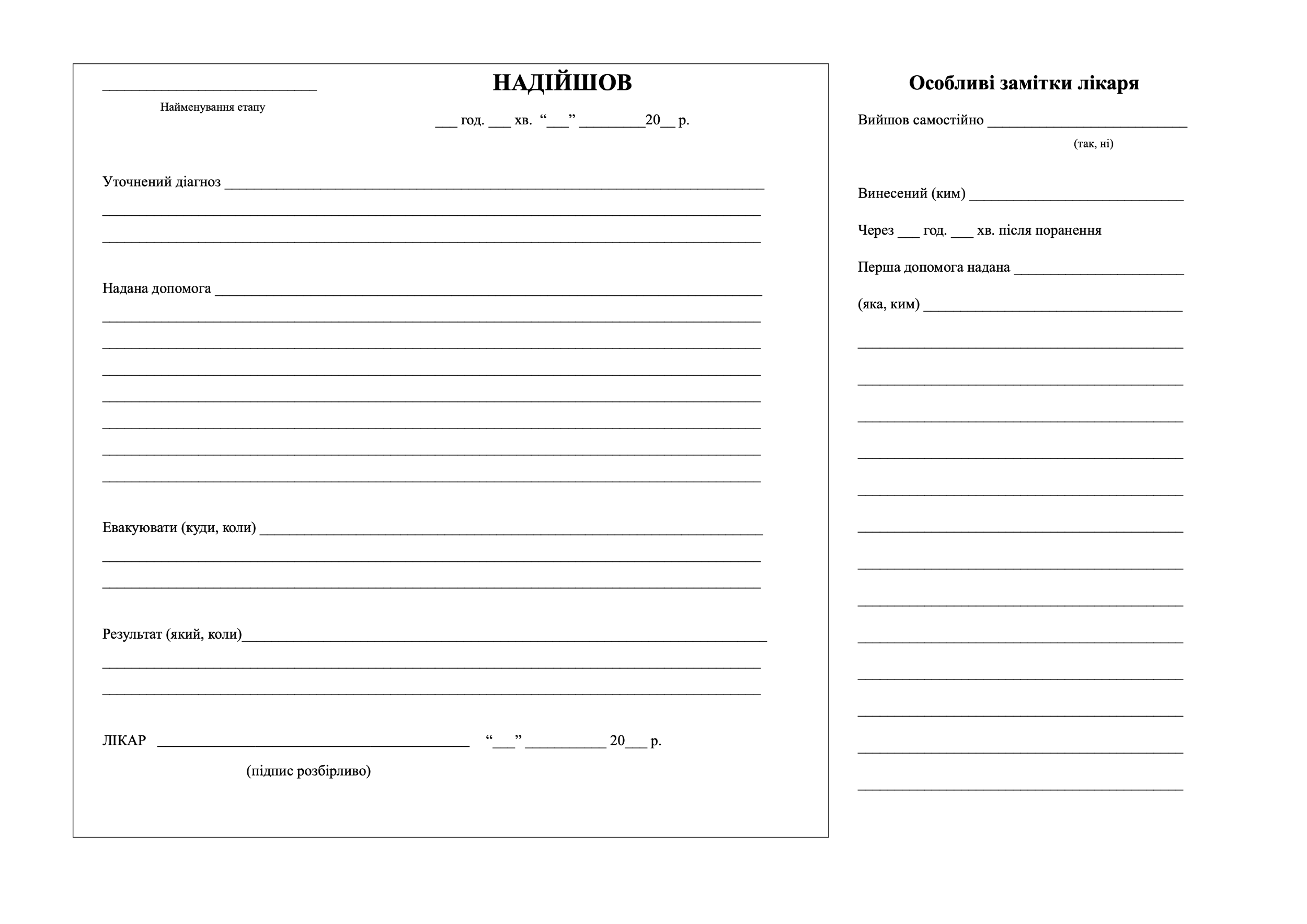 Первинна медична картка, форма 100 та 100/о (Первинна невідкладна допомога)
