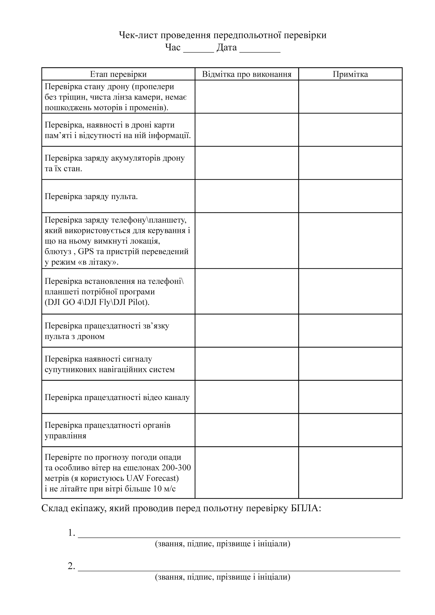 Журнал обліку проведення передпольотної перевірки безпілотних літальних апаратів. . 