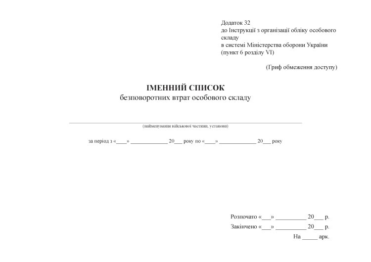 Іменний список безповоротних втрат особового складу, додаток 32 (формат А3)