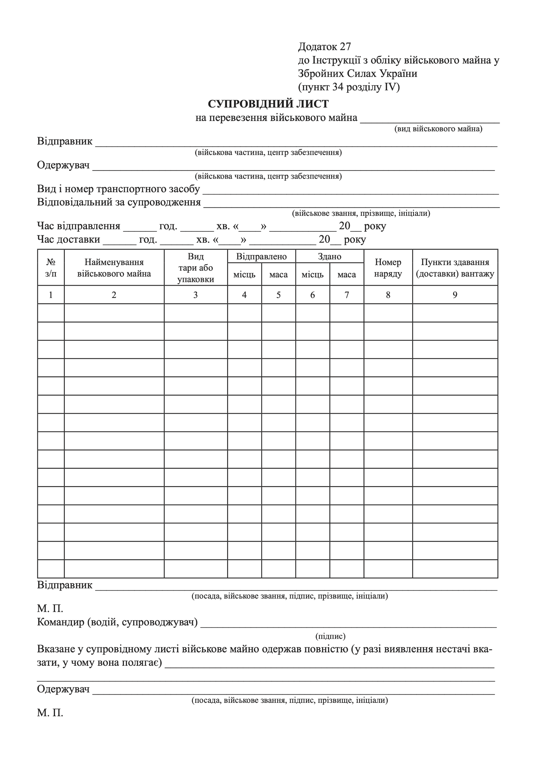 Супровідний ЛИСТ на перевезення військового майна, додаток 27