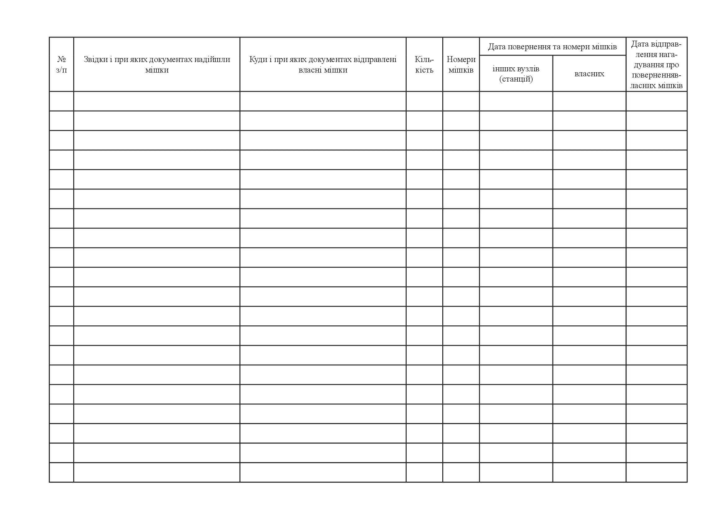 Журнал обліку мішків, що надійшли і підлягають відправленню